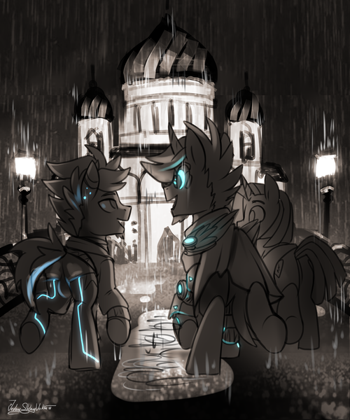 Size: 2500x3000 | Tagged: safe, artist:jedayskayvoker, derpibooru import, oc, oc:dry land, oc:glow speed, oc:vibrant star, alicorn, earth pony, unicorn, cape, clothes, hoodie, image, looking at each other, looking at someone, monochrome, neon, png, rain, sketch