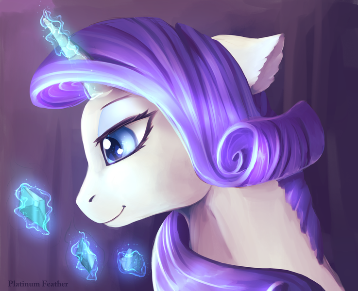 Size: 2780x2264 | Tagged: safe, artist:platinumfeather2002, banned from derpibooru, deleted from derpibooru, rarity, pony, bust, diamond, glowing horn, horn, image, magic, png, portrait, signature, smiling, solo, telekinesis