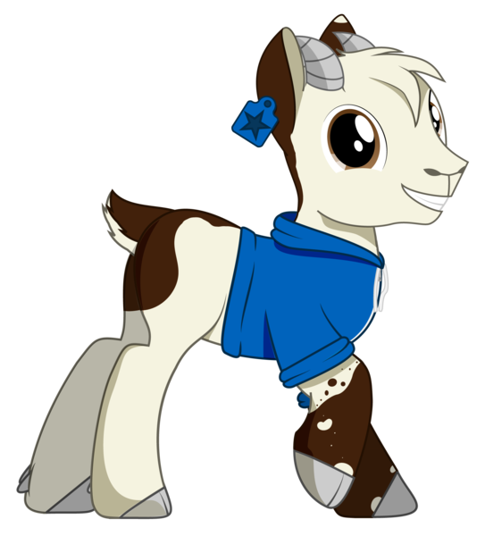 Size: 1881x2078 | Tagged: safe, artist:hazel bloons, derpibooru import, oc, oc:hazel bloons, unofficial characters only, goat, derpibooru community collaboration, 2022 community collab, brown coat, clothes, cream coat, ear tag, hoodie, hooves, horns, image, looking at you, male, png, simple background, smiling, solo, spots