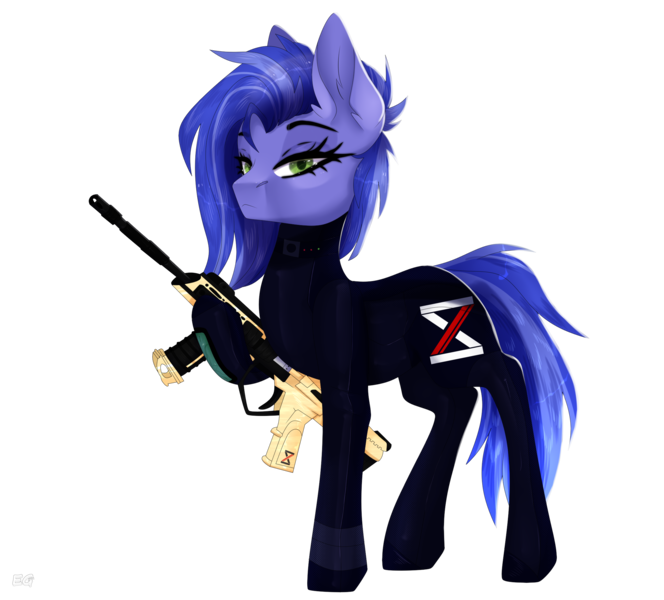 Size: 2280x2060 | Tagged: safe, alternate version, artist:elektra-gertly, derpibooru import, oc, oc:azure, unofficial characters only, earth pony, pony, ar15, armor, blue fur, blue mane, blue tail, bodysuit, clothes, commission, female, futuristic, green eyes, gun, image, logo, mare, png, raised hoof, rifle, simple background, skintight, skintight clothes, spacesuit, standing, suit, tail, transparent background, weapon, worldbuilding, xenestra corporation