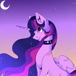 Size: 2048x2047 | Tagged: safe, artist:tessa_key_, derpibooru import, twilight sparkle, twilight sparkle (alicorn), alicorn, pony, choker, crescent moon, image, jpeg, moon, smiling, solo