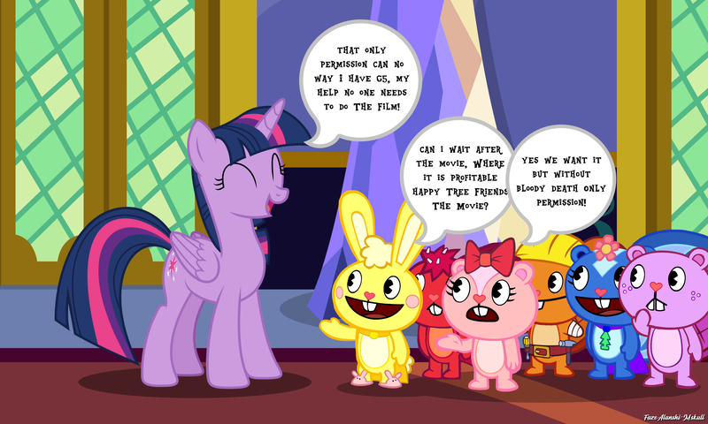 Size: 4473x2684 | Tagged: safe, artist:estories, artist:faze-alan-mskull2019, derpibooru import, screencap, twilight sparkle, twilight sparkle (alicorn), alicorn, earth pony, pony, unicorn, background pony, bubble, crossover, cuddles (happy tree friends), female, flaky (happy tree friends), g4, giggles (happy tree friends), handy (happy tree friends), happy tree friends, image, male, mare, petunia (happy tree friends), photo, png, talking, text, toothy (happy tree friends)