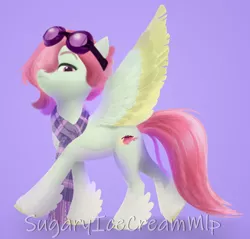 Size: 1158x1108 | Tagged: safe, artist:sugaryicecreammlp, derpibooru import, oc, oc:celestial star, pegasus, pony, clothes, female, goggles, image, mare, png, purple background, scarf, simple background, solo