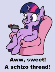 Size: 600x784 | Tagged: safe, artist:jargon scott, derpibooru import, edit, twilight sparkle, pony, unicorn, 4chan, belly, belly button, caption, chair, chubby, female, hoof hold, image, mare, png, remote, simple background, sitting, smiling, solo, still frame, text, unicorn twilight, white background