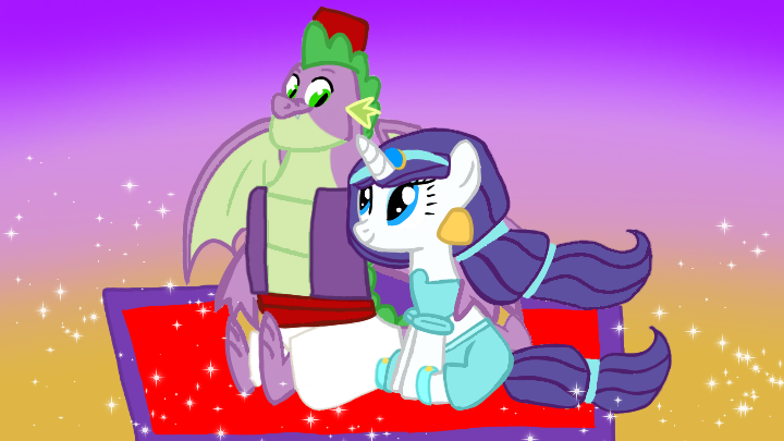 Size: 720x405 | Tagged: safe, artist:mlplary6, derpibooru import, rarity, spike, dragon, pony, unicorn, aladdin, clothes, cosplay, costume, disney, female, image, male, png, shipping, sparity, straight