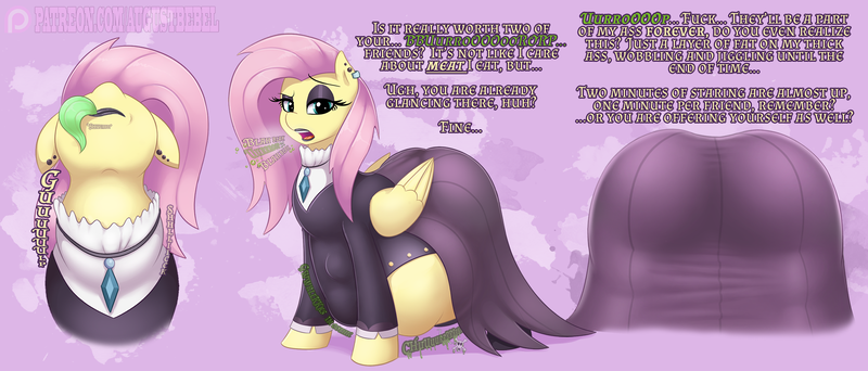 Size: 2000x855 | Tagged: questionable, semi-grimdark, artist:augustbebel, derpibooru import, fluttershy, ass, burp, butt, digestion, fluttergoth, image, png, same size vore, swallowing, vore