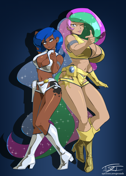 Size: 864x1200 | Tagged: suggestive, artist:hardtones, derpibooru import, princess celestia, princess luna, human, anime, boots, breasts, clothes, colored, commission, cosplay, costume, cutie mark on human, dark skin, dirty pair, female, females only, humanized, image, kei, looking at you, one eye closed, png, shoes, wink, winking at you, yuri (dirty pair)