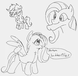 Size: 776x756 | Tagged: safe, artist:dotkwa, derpibooru import, fluttershy, oc, oc:dotmare, earth pony, pegasus, pony, chin, cleft chin, female, grayscale, image, mare, monochrome, plushie, png, sketch, smiling