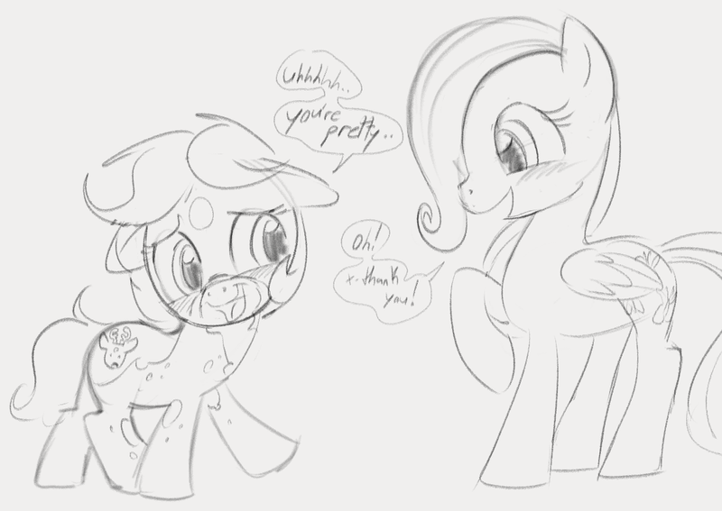 Size: 1108x785 | Tagged: safe, artist:dotkwa, derpibooru import, fluttershy, oc, oc:dotmare, earth pony, pegasus, pony, blushing, canon x oc, dialogue, female, filly, filly fluttershy, grayscale, image, lesbian, monochrome, png, shipping, shy, sketch, younger