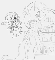 Size: 1118x1222 | Tagged: safe, artist:dotkwa, derpibooru import, fluttershy, pegasus, pony, bipedal, bipedal leaning, blushing, butt, clothes, duster, floppy ears, flutterbutt, grayscale, image, leaning, maid, monochrome, mouth hold, plot, png, sketch, smiling, solo