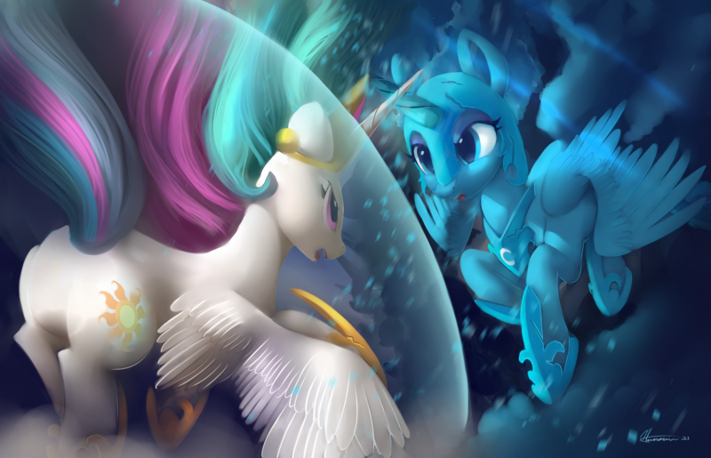 Size: 4038x2600 | Tagged: safe, artist:auroriia, derpibooru import, nightmare moon, princess celestia, princess luna, alicorn, pony, crown, duo, female, flying, force field, high res, horn, horns are touching, image, jewelry, mare, open mouth, png, regalia, royal sisters, siblings, sisters, spread wings, wind, windswept mane, wings