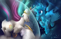 Size: 4038x2600 | Tagged: safe, artist:auroriia, derpibooru import, nightmare moon, princess celestia, princess luna, alicorn, pony, crown, duo, female, flying, force field, high res, horn, horns are touching, image, jewelry, mare, open mouth, png, regalia, royal sisters, siblings, sisters, spread wings, wind, windswept mane, wings