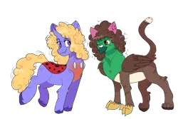 Size: 1200x800 | Tagged: safe, artist:valkiria, derpibooru import, oc, oc:bitzy berry, oc:frizz, unofficial characters only, changedling, changeling, changepony, gryphon, hybrid, derpibooru community collaboration, 2022 community collab, cat ears, changedling oc, changeling oc, chest fluff, duo, female, giffon, griffon oc, image, looking at each other, looking at someone, male, one eye closed, png, raised leg, simple background, transgender, trans male, transparent background, wink