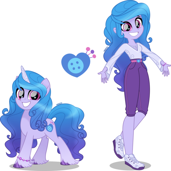 Size: 3990x4000 | Tagged: safe, artist:orin331, derpibooru import, izzy moonbow, human, pony, unicorn, equestria girls, my little pony: a new generation, accessories, belt, blue hair, bracelet, clothes, cutie mark, equestria girls-ified, female, g5, g5 to equestria girls, g5 to g4, high res, human ponidox, image, jewelry, looking at you, movie accurate, open arms, png, self paradox, self ponidox, simple background, smiling, smiling at you, standing, standing on one leg, transparent background, unshorn fetlocks