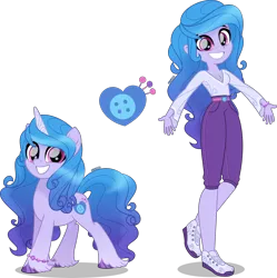 Size: 3990x4000 | Tagged: safe, artist:orin331, derpibooru import, izzy moonbow, human, pony, unicorn, equestria girls, my little pony: a new generation, accessories, belt, blue hair, bracelet, clothes, cutie mark, equestria girls-ified, female, g5, g5 to equestria girls, g5 to g4, high res, human ponidox, image, jewelry, looking at you, movie accurate, open arms, png, self paradox, self ponidox, simple background, smiling, smiling at you, standing, standing on one leg, transparent background, unshorn fetlocks