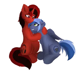 Size: 5195x4718 | Tagged: safe, artist:flapstune, derpibooru import, oc, oc:flaps tune, oc:pixi feather, unofficial characters only, derpibooru community collaboration, 2022 community collab, cutie mark, hug, image, looking at each other, looking at someone, png, sitting, smiling, wings