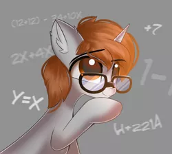 Size: 1952x1748 | Tagged: source needed, safe, artist:janelearts, derpibooru import, oc, oc:darkmind, unofficial characters only, pony, unicorn, blind, glasses, horn, image, male, math, png, simple background, solo, stallion, thinking