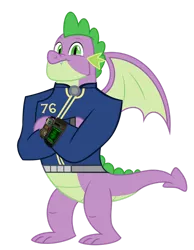 Size: 1280x1653 | Tagged: safe, artist:ponygamer2020, derpibooru import, spike, dragon, fallout equestria, the last problem, absurd resolution, clothes, fallout, fallout 76, gigachad spike, image, jumpsuit, looking at you, male, older, older spike, pipboy, pip-boy 2000 mark vi, pipbuck, png, simple background, smiling, smiling at you, solo, transparent background, vault suit, vector, winged spike, wings