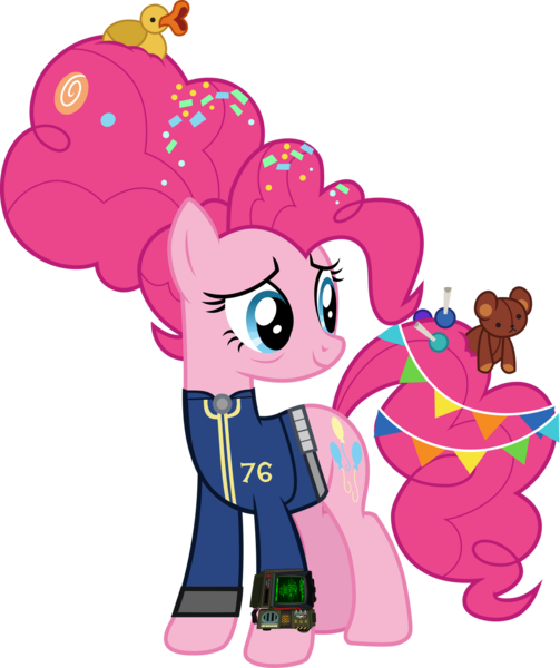 Size: 1280x1528 | Tagged: safe, artist:ponygamer2020, derpibooru import, pinkie pie, earth pony, pony, fallout equestria, the last problem, absurd resolution, candy, clothes, fallout, fallout 76, female, food, image, jumpsuit, lollipop, mare, older, older pinkie pie, pip-boy 2000 mark vi, pipboy, plushie, png, rubber duck, simple background, smiling, solo, teddy bear, transparent background, vault suit, vector