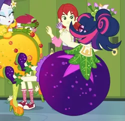 Size: 575x557 | Tagged: safe, derpibooru import, screencap, nolan north, rarity, roseluck, sci-twi, twilight sparkle, equestria girls, equestria girls series, holidays unwrapped, spoiler:eqg series (season 2), cornucopia costumes, cropped, image, inflatable dress, o come all ye squashful, png