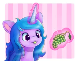 Size: 1668x1299 | Tagged: safe, artist:malarkey, derpibooru import, izzy moonbow, pony, unicorn, bust, cute, eating, female, food, fruit, g5, grapes, herbivore, image, levitation, magic, mare, png, portrait, simple background, solo, telekinesis