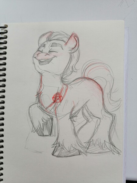 Size: 1280x1707 | Tagged: safe, artist:crees-a, derpibooru import, sprout cloverleaf, earth pony, pony, eyes closed, g5, image, jpeg, male, raised hoof, sketch, smiling, solo, stallion, traditional art, unshorn fetlocks