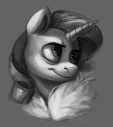 Size: 1280x1437 | Tagged: safe, artist:crees-a, derpibooru import, rarity, pony, unicorn, bust, female, fur, gray background, grayscale, image, jpeg, mare, monochrome, simple background, solo