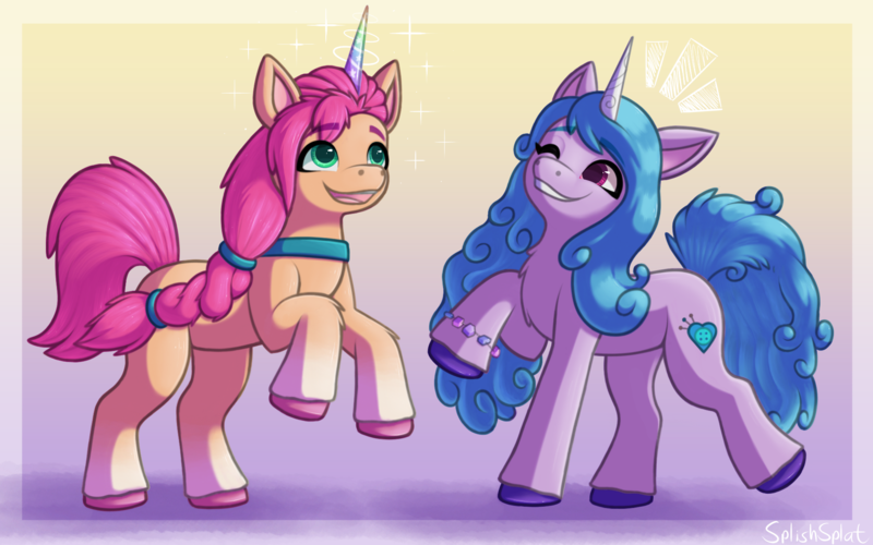 Size: 2000x1250 | Tagged: safe, artist:splishsplat, derpibooru import, izzy moonbow, sunny starscout, earth pony, pony, unicorn, my little pony: a new generation, spoiler:my little pony: a new generation, duo, fake horn, fit right in (g5), g5, image, png