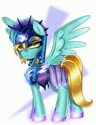 Size: 3144x4096 | Tagged: safe, artist:opal_radiance, derpibooru import, lightning dust, pegasus, pony, armor, commission, female, image, jpeg, mare, night guard, night guard armor, simple background, smiling, smirk, solo, spread wings, white background, wings