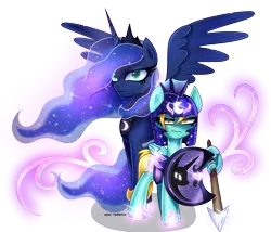 Size: 8614x7385 | Tagged: safe, artist:opal_radiance, derpibooru import, lightning dust, princess luna, alicorn, pegasus, pony, absurd file size, absurd resolution, armor, commission, duo, ethereal mane, female, galaxy mane, image, magic, mare, night guard, night guard armor, png, shield, signature, simple background, spear, spread wings, transparent background, weapon, wing hold, wings