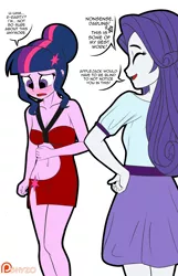 Size: 2640x4096 | Tagged: suggestive, artist:pshyzomancer, derpibooru import, edit, rarity, twilight sparkle, equestria girls, blushing, bottomless, clothes, embarrassed body exposure, going commando, image, implied lesbian, implied rarilight, implied shipping, implied twijack, no panties, partial nudity, png, sexy, skimpy outfit