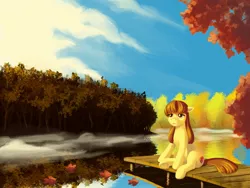 Size: 1600x1200 | Tagged: safe, derpibooru import, apple bloom, pony, autumn, cloud, forest, image, jpeg, lake, leaves, mist, pier, reflection, scenery, solo, tree, water