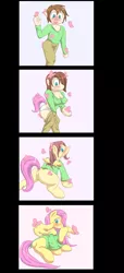 Size: 1664x3640 | Tagged: suggestive, artist:phyrexianrevoker, derpibooru import, fluttershy, butterfly, human, insect, pegasus, pony, blushing, butt, clothes, comic, embarrassed, female, human to pony, image, male to female, png, rule 63, transformation, transformation sequence, transgender transformation