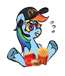 Size: 641x747 | Tagged: safe, artist:dandy_pony, derpibooru import, rainbow dash, pegasus, pony, burger, cap, emanata, food, french fries, grin, happy meal, hat, headset, image, jpeg, mcdonald's, nervous, nervous grin, shrug, simple background, smiling, solo, white background