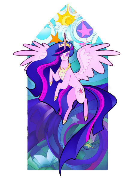 Size: 1280x1708 | Tagged: safe, artist:lovelyluckyy, derpibooru import, princess twilight 2.0, twilight sparkle, twilight sparkle (alicorn), alicorn, pony, the last problem, female, image, jpeg, mare, mural, older, older twilight, smiling, solo, spread wings, stained glass, wings