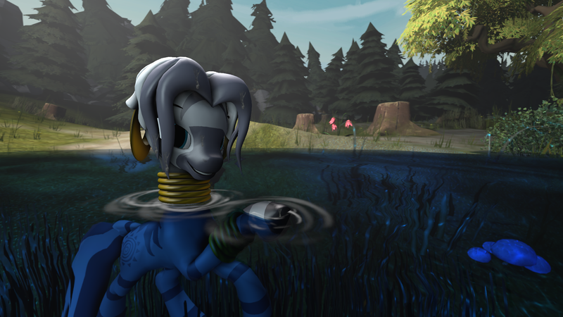 Size: 1920x1080 | Tagged: safe, artist:deltathedragon, derpibooru import, zecora, zebra, 3d, alternate hairstyle, day, ear piercing, earring, female, females only, forest, image, jewelry, lake, looking at you, mushroom, neck rings, piercing, png, reeds, solo, source filmmaker, swimming, tree, water, wet, wet mane