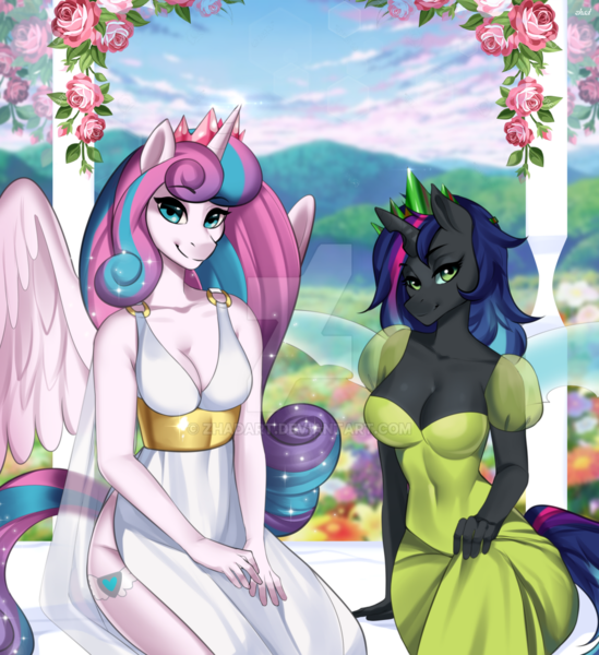 Size: 1280x1400 | Tagged: safe, artist:zhadart, derpibooru import, princess flurry heart, changeling queen oc, oc, oc:young queen, alicorn, anthro, changeling, changeling queen, changepony, hybrid, breasts, busty oc, busty princess flurry heart, cleavage, clothes, commission, crown, deviantart watermark, dress, duo, female, half-siblings, half-sisters, horn, image, interspecies offspring, jewelry, obtrusive watermark, offspring, older, older flurry heart, parent:queen chrysalis, parent:shining armor, parents:shining chrysalis, png, regalia, side slit, sitting, smiling, watermark, wings