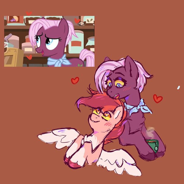 Size: 1500x1500 | Tagged: safe, artist:dandy_pony, derpibooru import, jasmine leaf, oc, earth pony, pegasus, pony, blushing, brown background, canon x oc, chest fluff, duo, food, heart, image, jpeg, mug, neckerchief, screencap reference, simple background, tea, yellow sclera