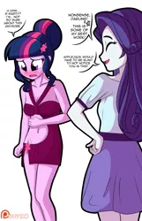 Size: 3292x5106 | Tagged: suggestive, artist:pshyzomancer, color edit, derpibooru import, edit, rarity, twilight sparkle, human, equestria girls, bottomless, clothes, colored, image, implied lesbian, implied shipping, implied twijack, no panties, partial nudity, png, skimpy outfit