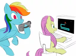 Size: 1500x1110 | Tagged: safe, artist:ironcurtainarts, derpibooru import, fluttershy, rainbow dash, pegasus, pony, camcorder, chair, computer, computer mouse, computer screen, fs doesn't know what she's getting into, image, jpeg, moments before disaster, scary maze game, simple background, white background