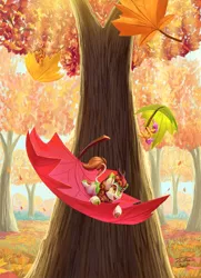Size: 1303x1800 | Tagged: safe, artist:tsitra360, derpibooru import, applejack, autumn blaze, fluttershy, earth pony, kirin, pegasus, pony, autumn, cloven hooves, crepuscular rays, falling leaves, female, image, jpeg, leaves, mare, micro, open mouth, open smile, smiling, tiny, tiny ponies, tree, trio