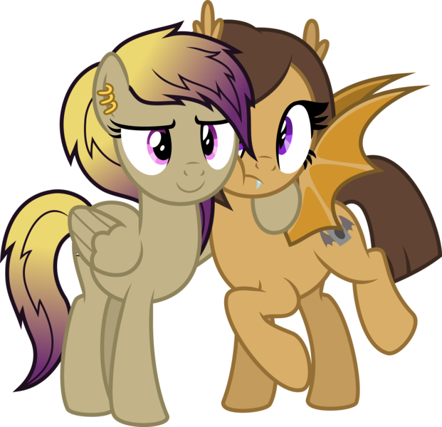 Size: 5178x5000 | Tagged: safe, artist:melisareb, derpibooru import, oc, oc:black dawn, oc:midnight cakepowder, unofficial characters only, bat pony, pegasus, pony, derpibooru community collaboration, 2022 community collab, absurd resolution, bat wings, duo, fangs, female, gradient mane, gradient tail, image, inkscape, mare, png, shrunken pupils, simple background, slit pupils, tail, transparent background, vector, wings