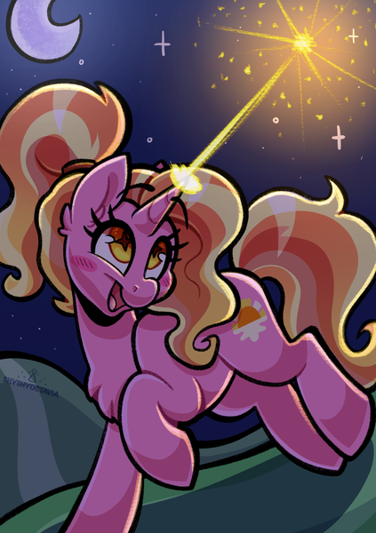 Size: 1748x2480 | Tagged: safe, artist:shyshyoctavia, derpibooru import, luster dawn, pony, unicorn, the last problem, blast, female, high res, image, looking up, magic, magic blast, mare, moon, night, open mouth, png, raised hoof
