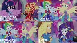 Size: 1280x720 | Tagged: safe, derpibooru import, edit, edited screencap, editor:quoterific, screencap, applejack, fluttershy, pinkie pie, rainbow dash, rarity, sci-twi, sunset shimmer, twilight sparkle, equestria girls, equestria girls series, rollercoaster of friendship, clothes, cutie mark, cutie mark on clothes, drums, female, glasses, humane five, humane seven, humane six, image, mobile phone, musical instrument, open mouth, open smile, phone, png, ponied up, smartphone, smiling, spread wings, wings