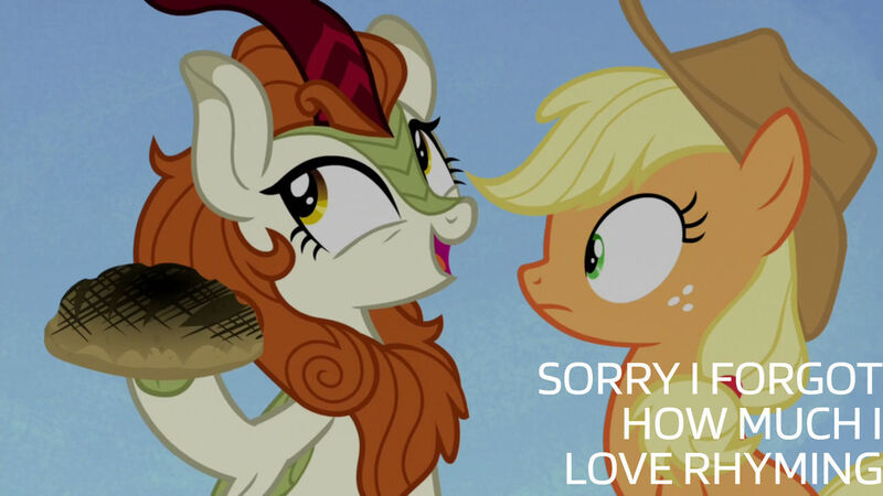 Size: 1280x720 | Tagged: safe, derpibooru import, edit, edited screencap, editor:quoterific, screencap, applejack, autumn blaze, earth pony, kirin, pony, season 8, sounds of silence, spoiler:s08, applejack's hat, bread, cowboy hat, female, food, hat, image, jpeg, mare, open mouth, open smile, smiling