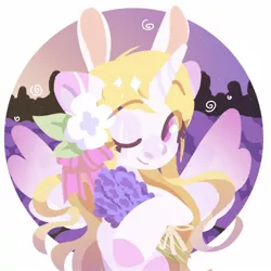 Size: 1414x1414 | Tagged: safe, artist:tsarstvo, derpibooru import, oc, unofficial characters only, alicorn, pony, alicorn oc, bouquet, bunny ears, bust, flower, horn, image, jpeg, looking at you, one eye closed, portrait, solo, wings, wink