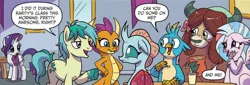 Size: 900x306 | Tagged: safe, artist:michela cacciatore, derpibooru import, idw, gallus, ocellus, rarity, sandbar, silverstream, smolder, yona, dragon, earth pony, gryphon, hippogriff, yak, spoiler:comic, spoiler:comicgenerations02, image, my little pony: generations, png, student six