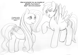 Size: 900x630 | Tagged: safe, artist:arania, derpibooru import, fluttershy, rainbow dash, pegasus, pony, comic, duo, female, human to pony, image, jpeg, monochrome, transformation