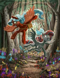 Size: 1024x1326 | Tagged: safe, artist:amalgamzaku, derpibooru import, oc, oc:silent wing, unofficial characters only, pegasus, pony, female, filly, flower, forest, image, jpeg, mare, tree