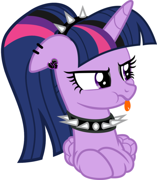 Size: 925x1059 | Tagged: safe, artist:aethon056, derpibooru import, editor:severity-gray, twilight sparkle, twilight sparkle (alicorn), alicorn, pony, alternate hairstyle, choker, collar, cute, ear piercing, eyeliner, eyeshadow, female, goth, image, makeup, piercing, png, raspberry, simple background, solo, tongue out, transparent background